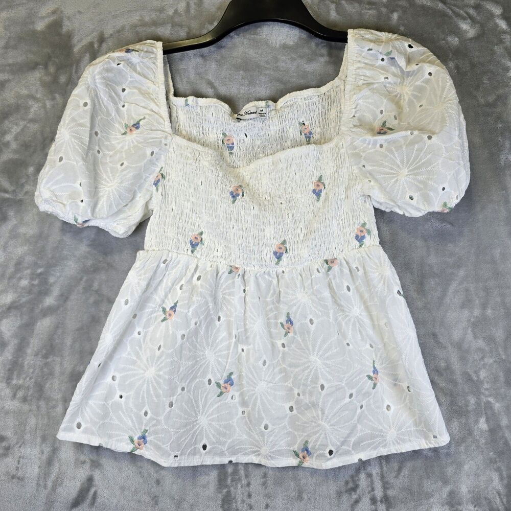 Hippie Nomad Smocked Blouse Womens M White Eyelet Floral Embroidery Puff Sleeves